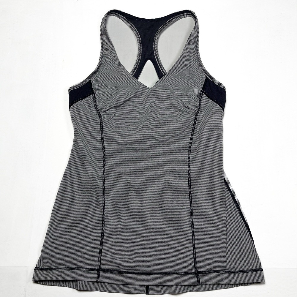 Lululemon Women's Racerback Bra Tank Top Keyhole Back Size 0/2 Grey Thin Stripes